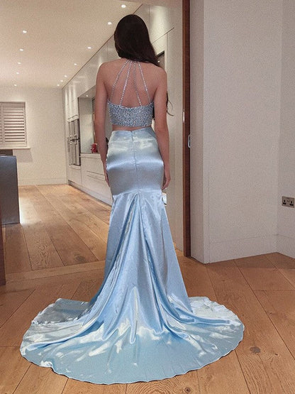 Sheath/Column Satin Beading Halter Sleeveless Sweep/Brush Train Two Piece Prom Dresses    cg19533