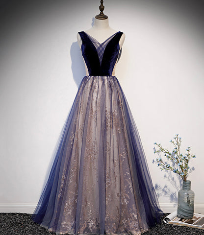 BLUE V NECK TULLE LONG A LINE PROM DRESS FORMAL DRESS    cg19562