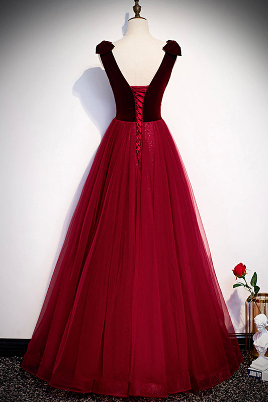 BURGUNDY TULLE LONG A LINE PROM DRESS FORMAL DRESS    cg19563