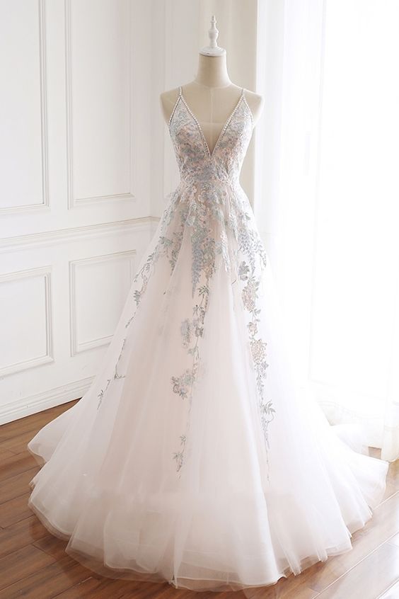 Princess Spaghetti Straps Embroidery Tulle Prom Dress    cg19577