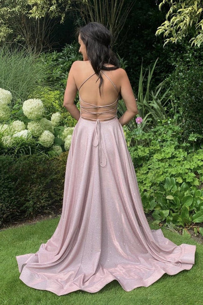 Pink A line long backless prom dress evening dress    cg19608