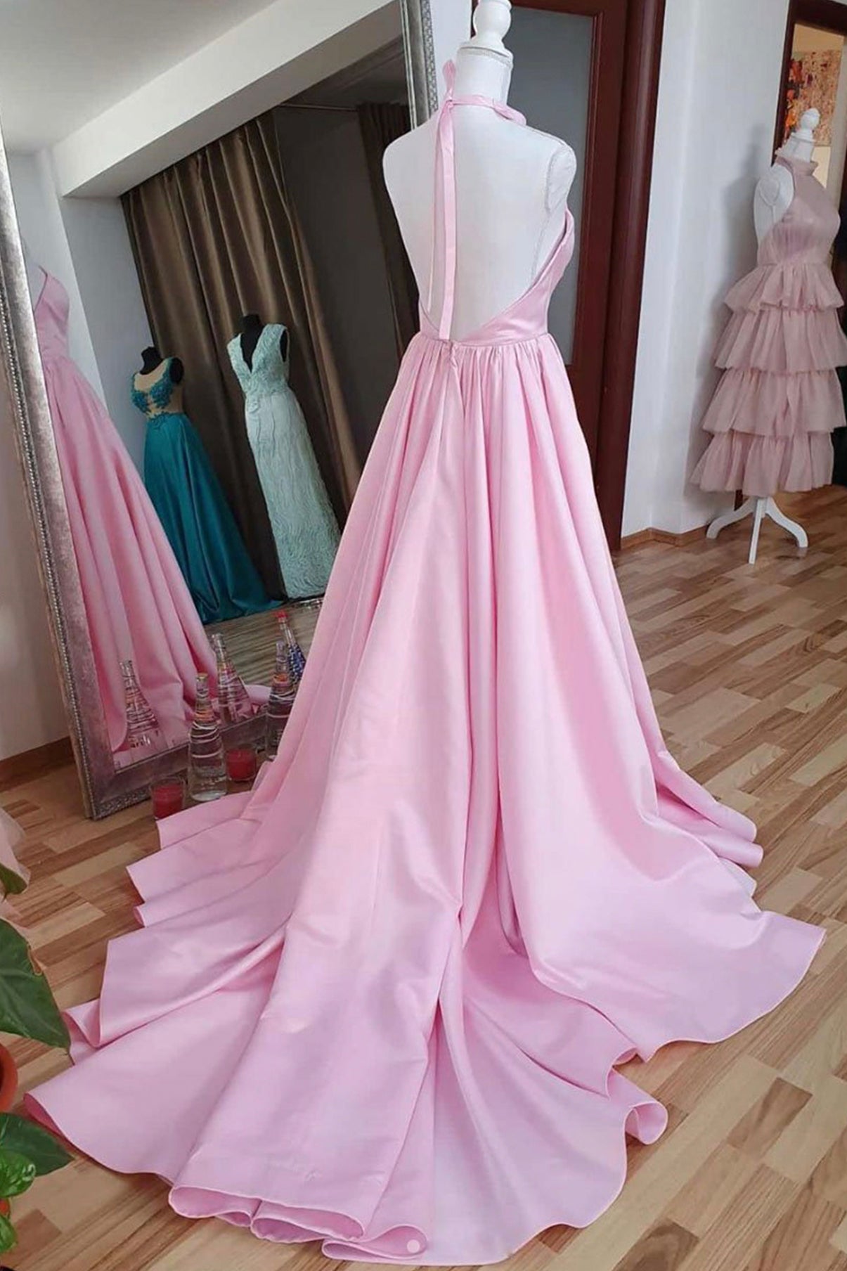 PINK SATIN LONG A LINE PROM DRESS PINK EVENING DRESS    cg19624