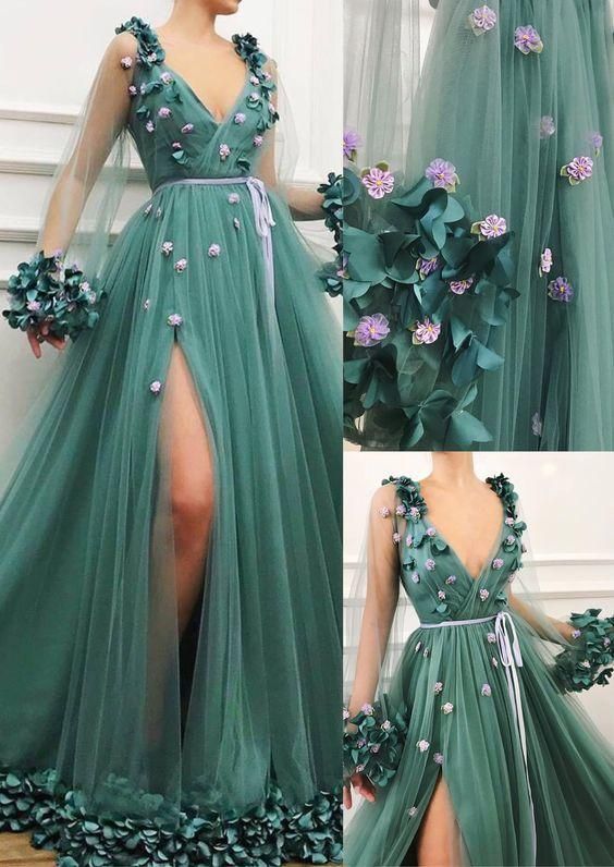 Deep V-Neck Dark Green Party Dresses 3D Floral Appliques Decoration A Line Evening Gowns Prom Dresses    cg19680