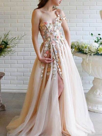 Cute One Shoulder Lace Flower Long Cheap Evening Prom Dresses, Evening Party Prom Dresses   cg19704