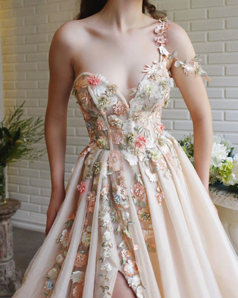 Cute One Shoulder Lace Flower Long Cheap Evening Prom Dresses, Evening Party Prom Dresses   cg19704