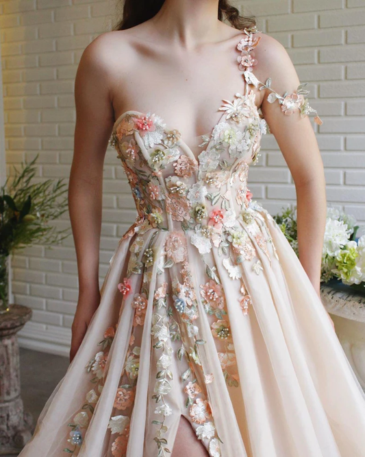 Cute One Shoulder Lace Flower Long Cheap Evening Prom Dresses, Evening Party Prom Dresses   cg19704