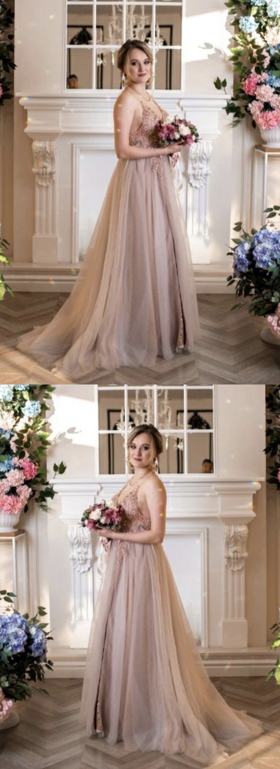 Elegant Nude Pink Tulle Split Prom Dresses Beaded V Neck Spaghetti Straps Formal Gown   cg19723