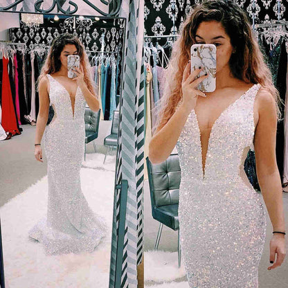 Sparkle Mermaid White Long Prom Dress    cg19750