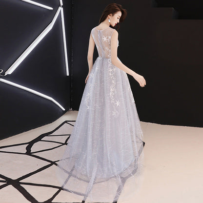fashion Prom Dresses Light Grey Lace High Low Round Neckline    cg19770