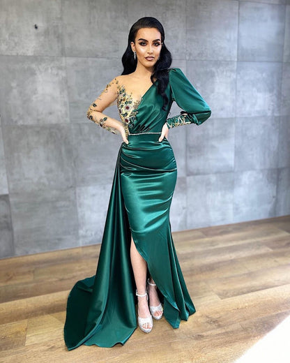 HIGH QUALITY SATIN LONG SLEEVES MERMAID EVENING GOWNS PROM DRESS  cg19797