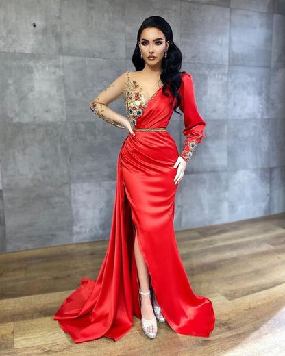 HIGH QUALITY SATIN LONG SLEEVES MERMAID EVENING GOWNS PROM DRESS  cg19797