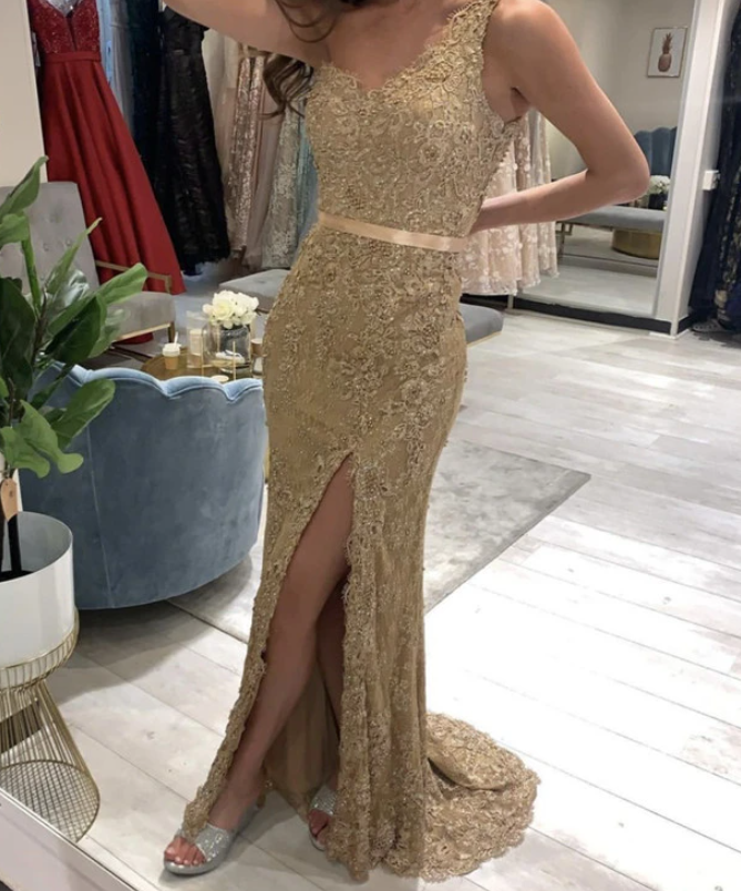 Prom Dresses One Shoulder Lace Mermaid Split Dresses    cg19805