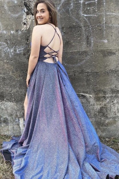 Blue satin long A line prom dress blue evening dress    cg19819