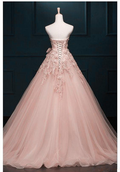 Charming Pearl Pink Tulle Sweet 16 prom Gown with Lace, Long Party Dress   cg19822