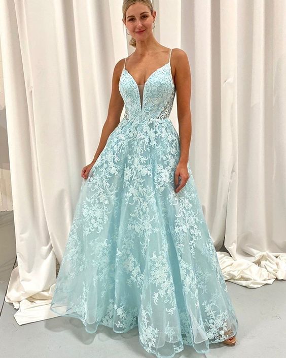 Spaghetti Straps Mint Lace Tulle A-line Prom Dress    cg19915