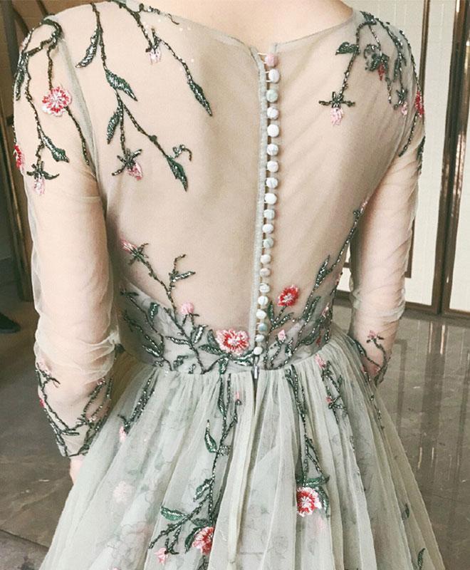 Grey Tulle Long Sleeve Prom Dresses V-Neck A-Line, Embroidery Prom Dress Long Evening Dress   cg19923