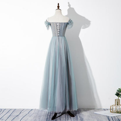 Green Tulle Lace Applique Off Shoulder Party Dress, A-Line Long Formal Dress Prom Dresses    cg19926