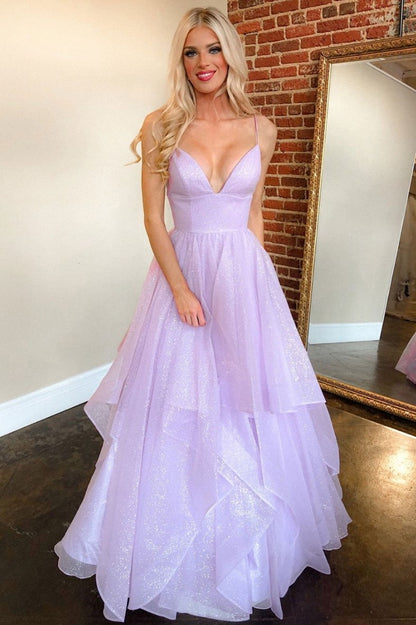 Purple v neck tulle long prom dress purple formal dress    cg19928