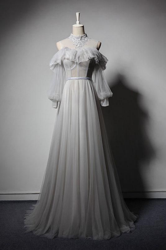 Gray Appliques Lace High Neck Prom Dress,Retro Long Sleeve Formal Dresses,Senior Tulle Prom dresses   cg19959