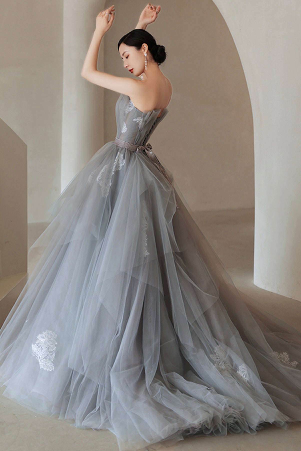 GRAY TULLE LACE LONG BALL GOWN PROM DRESS FORMAL DRESS     cg19971