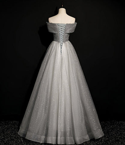 Grey tulle beads long prom dress off shoulder evening dress    cg19998