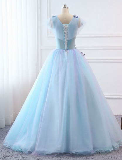Prom Ball Gown Plus Size Long 2021 Women Formal Dresses Sky Blue Butterfly flower Quinceanera Dress    cg20038