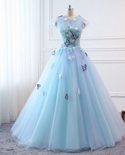 Prom Ball Gown Plus Size Long 2021 Women Formal Dresses Sky Blue Butterfly flower Quinceanera Dress    cg20038