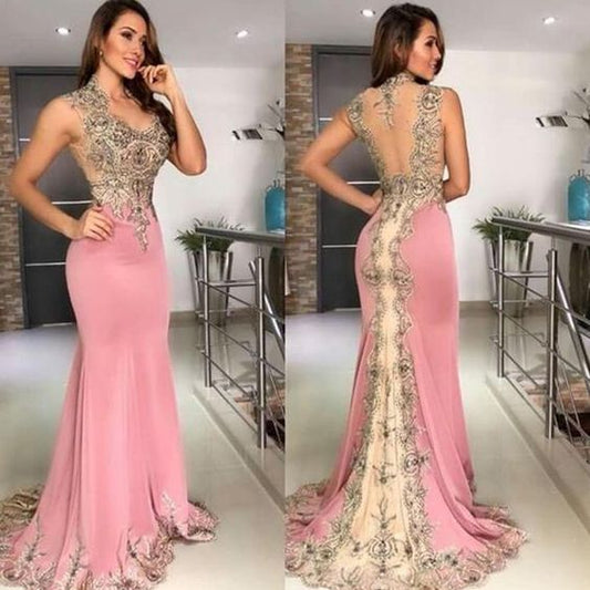 mermaid pink evening dresses long sleeveless lace appliqué beaded elegant Prom Dress    cg20071
