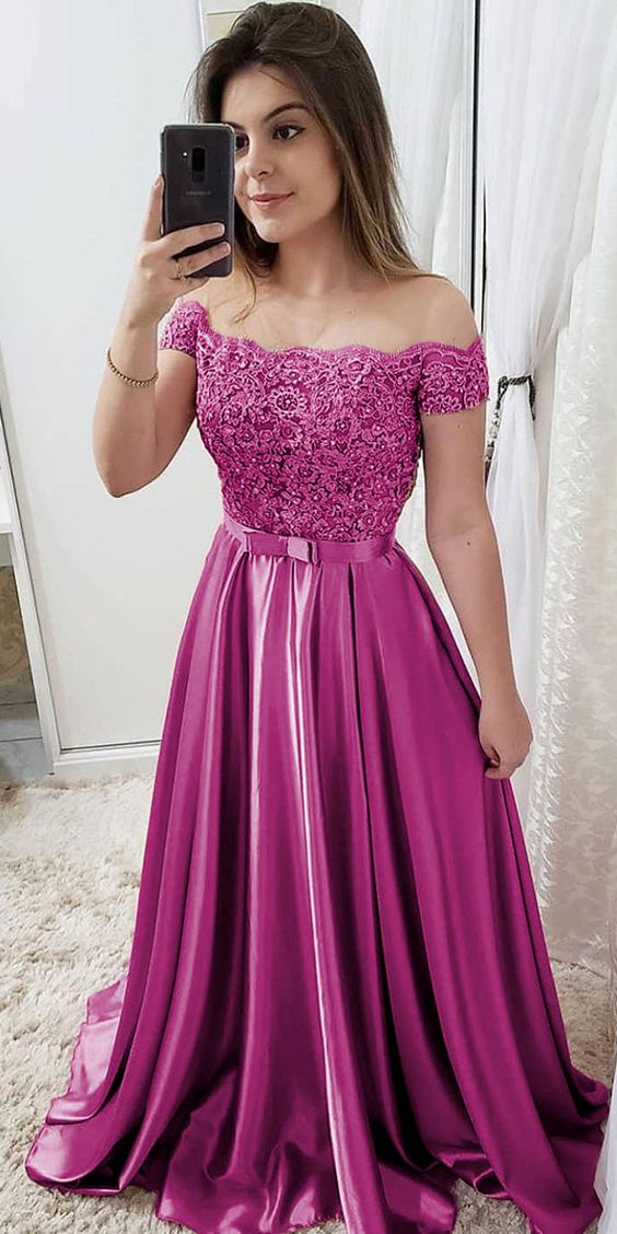Off-the-shoulder Neckline Floor-length A-line Evening Dresses With Beaded Lace Appliques Prom Dress    cg20086