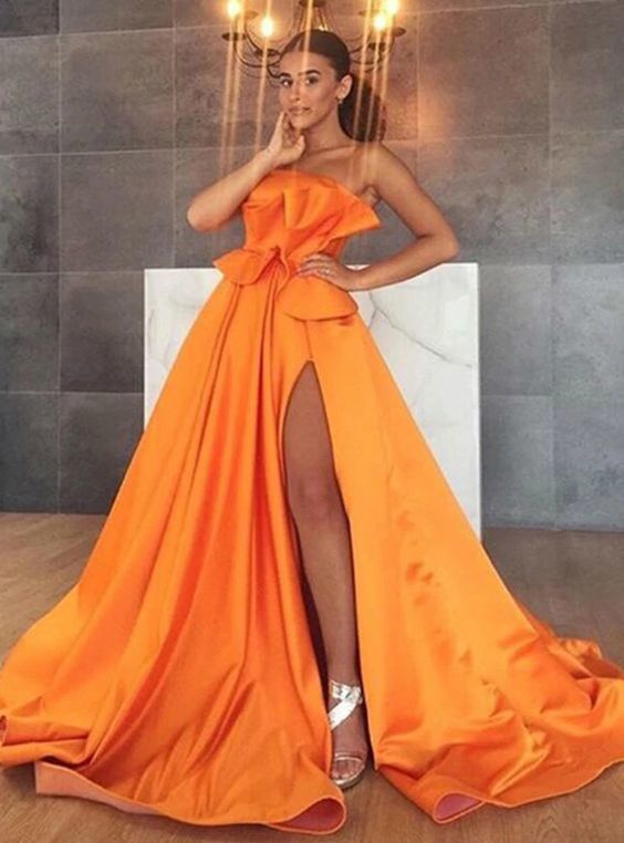 Orange Satin Strapless Women Formal Prom Dresses With Side Split    cg20094