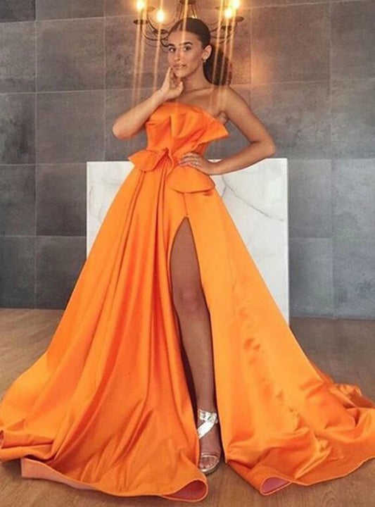 Orange Satin Strapless Women Formal Prom Dresses With Side Split    cg20094