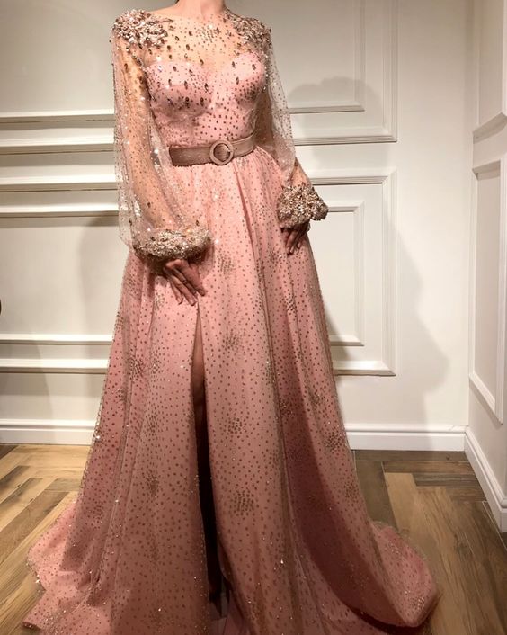 Long Sleeve A Line pink Long Floor Length Prom Dresses    cg20110