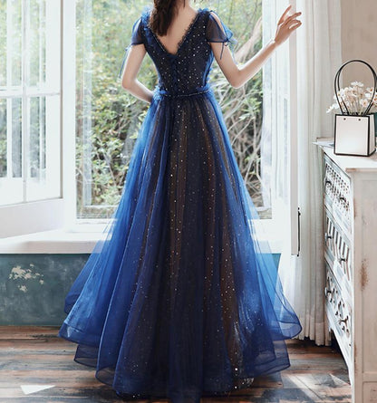Stars Moon Sequins Prom Dress Navy Blue Long Evening Dress V Neck Banquet Dress   cg20120