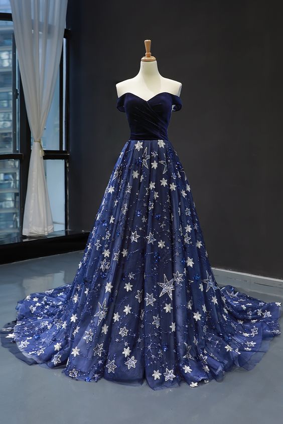 Elegant Off the Shoulder Navy Blue Prom Dress    cg20132