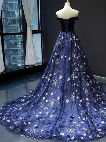 Elegant Off the Shoulder Navy Blue Prom Dress    cg20132