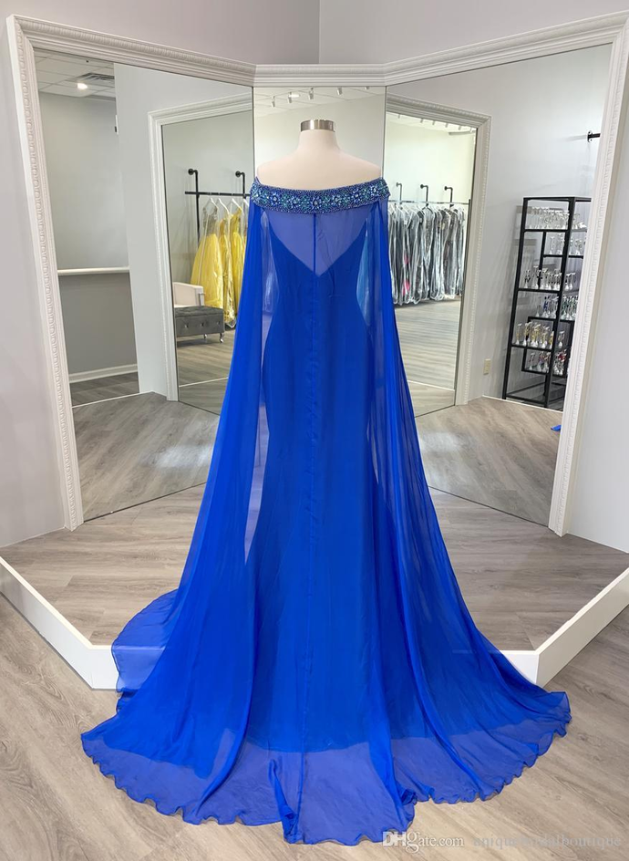 Royal Blue Velvet Elegant Red Carpet Couture Gowns with Chiffon Cape Bead-work Shoulder Off the Shoulder prom dress formal gowns    cg20152