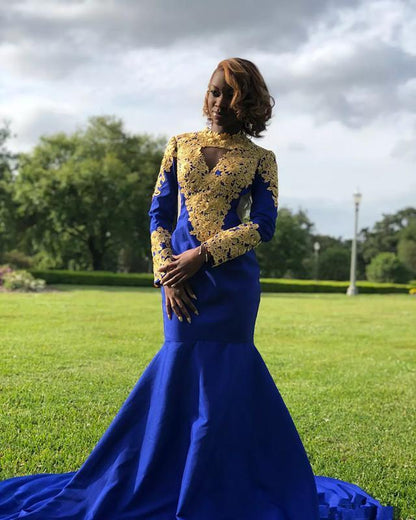 Sexy African Mermaid Prom Dresses Royal Blue with Gold Appliques    cg20165