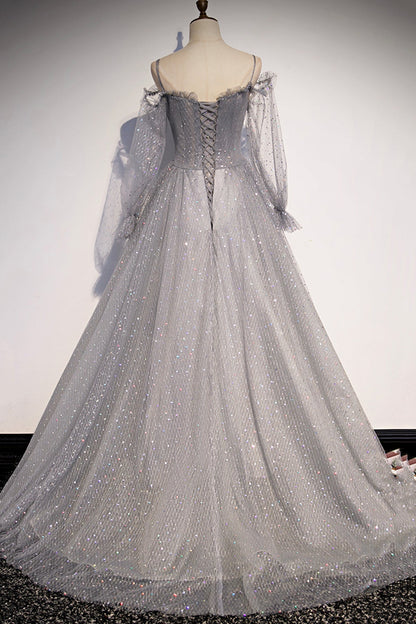 GRAY TULLE SEQUINS LONG A LINE PROM DRESS EVENING DRESS    cg20293