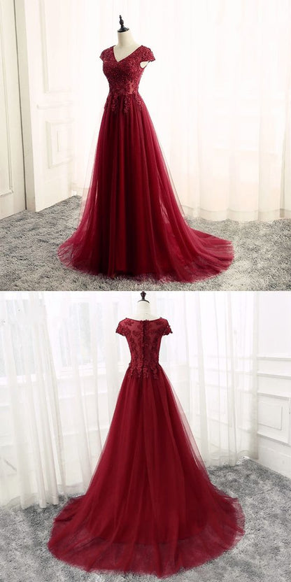 Tulle Prom Dress,V Neck Dress,Formal Gowns,Long Evening Dress cg2041