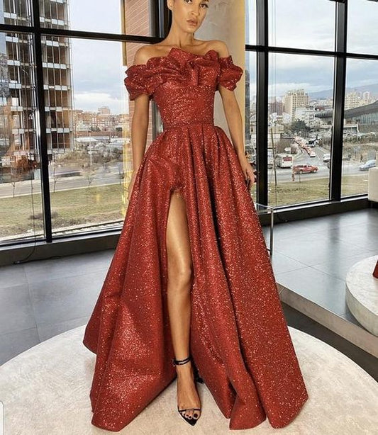 Long red off shoulder glittery dress with slit, women__ prom gowns    cg20413