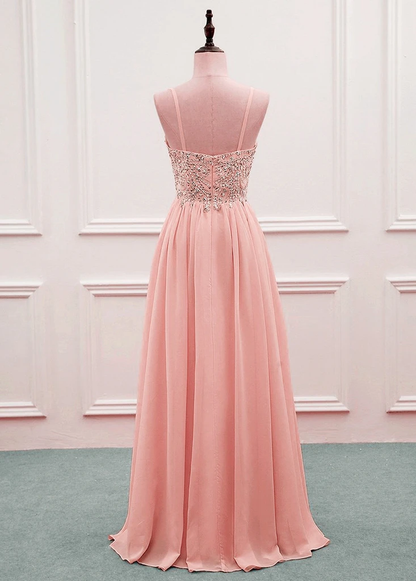 Pink Beaded Sweetheart Chiffon A-Line New Prom Dress, Pink Evening Gown Wedding Party Dress   cg20453