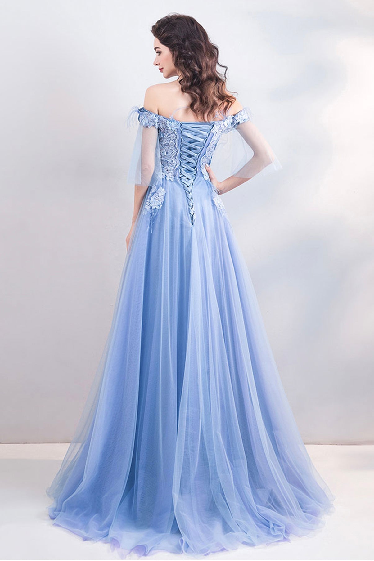 BLUE LACE LONG A LINE PROM DRESS BLUE EVENING DRESS    cg20490