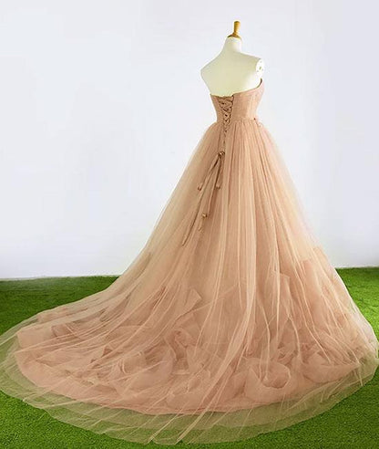 Champagne sweetheart neck tulle long prom dress, evening dress  cg20543