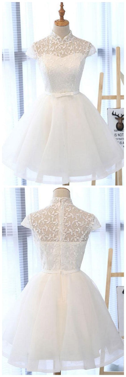 white lace short  dress, white homecoming dress cg2056