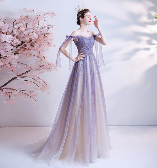 PURPLE TULLE LONG A LINE PROM DRESS EVENING DRESS    cg20720