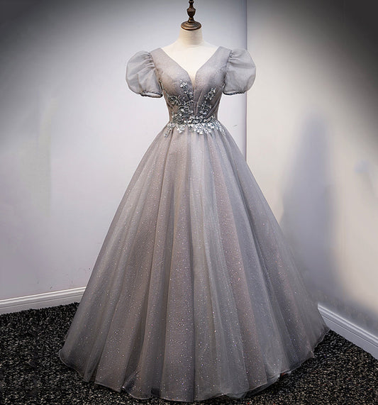 GRAY V NECK TULLE LONG A LINE PROM DRESS EVENING DRESS    cg20773