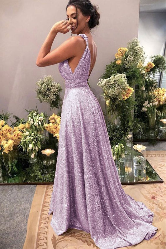 Sparkly lilac prom dresses plung neck formal sequins evening gown for women__ special occasions    cg20955