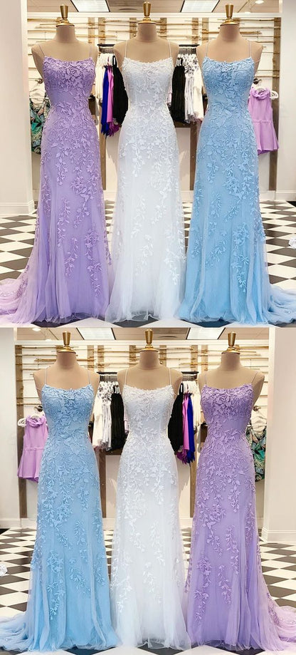 Sheath Spaghetti Straps Lace-Up Sweep Train Light Blue Prom Dress with Appliques cg2103