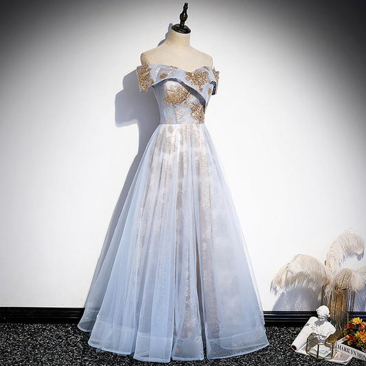 Light Blue Tulle With Gold Sequins Off Shoulder Prom Dress    cg21075