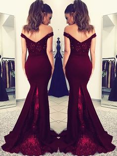 Charming Burgundy Off Shoulder Elastic Satin Long Mermaid Lace Prom Dresses    cg21390